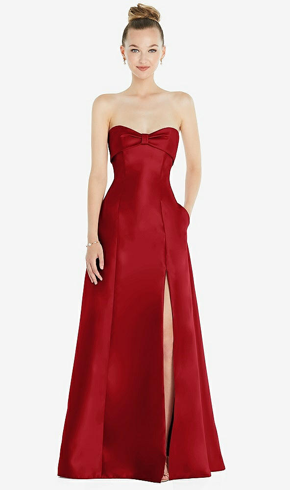Front View - Garnet Bow Cuff Strapless Satin Ball Gown with Pockets