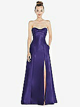 Front View Thumbnail - Grape Bow Cuff Strapless Satin Ball Gown with Pockets