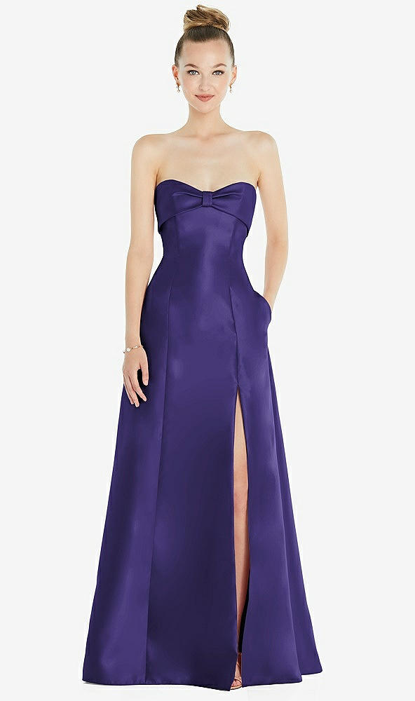 Front View - Grape Bow Cuff Strapless Satin Ball Gown with Pockets