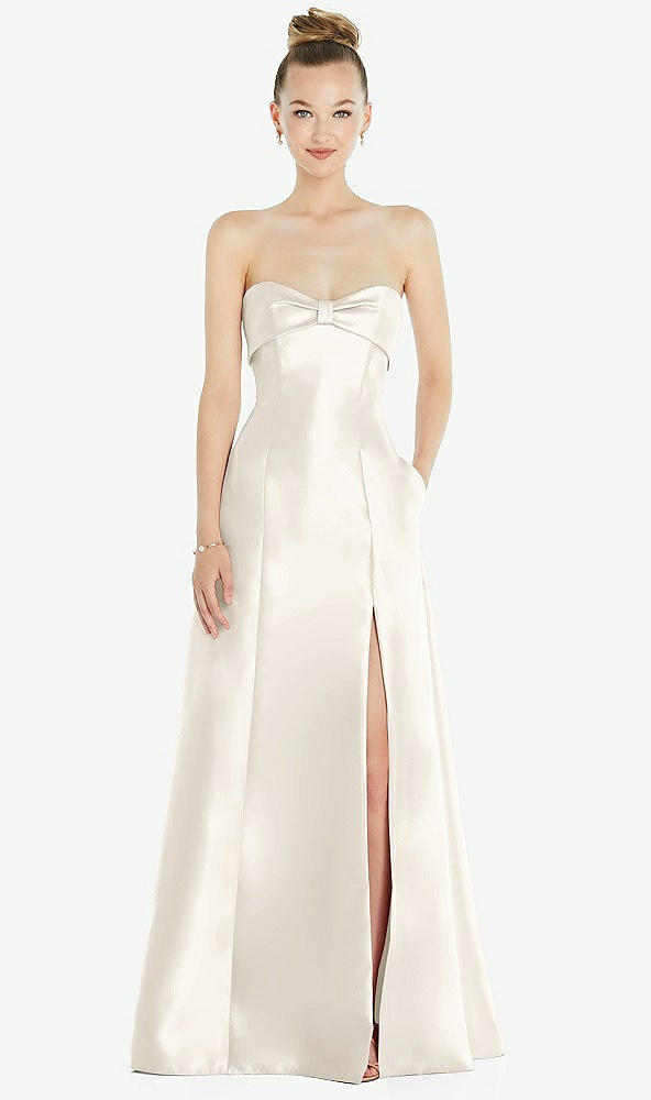 Front View - Ivory Bow Cuff Strapless Satin Ball Gown with Pockets