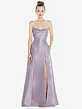 Front View Thumbnail - Lilac Haze Bow Cuff Strapless Satin Ball Gown with Pockets