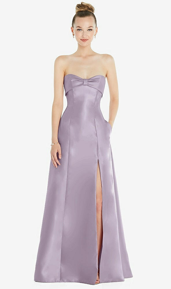 Front View - Lilac Haze Bow Cuff Strapless Satin Ball Gown with Pockets