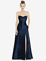 Front View Thumbnail - Midnight Navy Bow Cuff Strapless Satin Ball Gown with Pockets