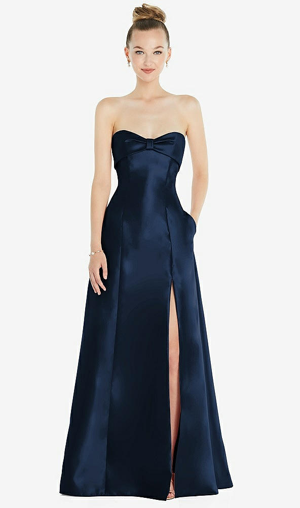Front View - Midnight Navy Bow Cuff Strapless Satin Ball Gown with Pockets