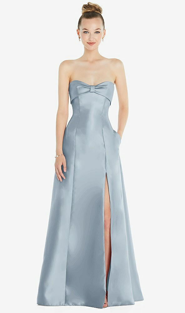 Front View - Mist Bow Cuff Strapless Satin Ball Gown with Pockets