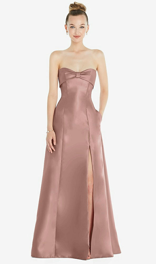 Front View - Neu Nude Bow Cuff Strapless Satin Ball Gown with Pockets