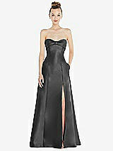 Front View Thumbnail - Pewter Bow Cuff Strapless Satin Ball Gown with Pockets