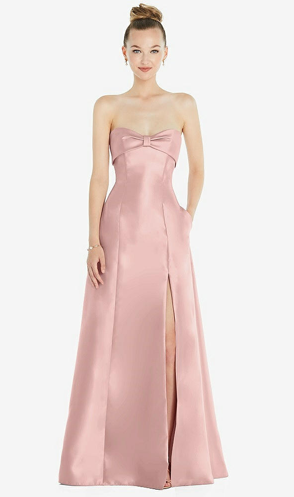 Front View - Rose - PANTONE Rose Quartz Bow Cuff Strapless Satin Ball Gown with Pockets