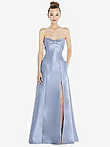 Front View Thumbnail - Sky Blue Bow Cuff Strapless Satin Ball Gown with Pockets