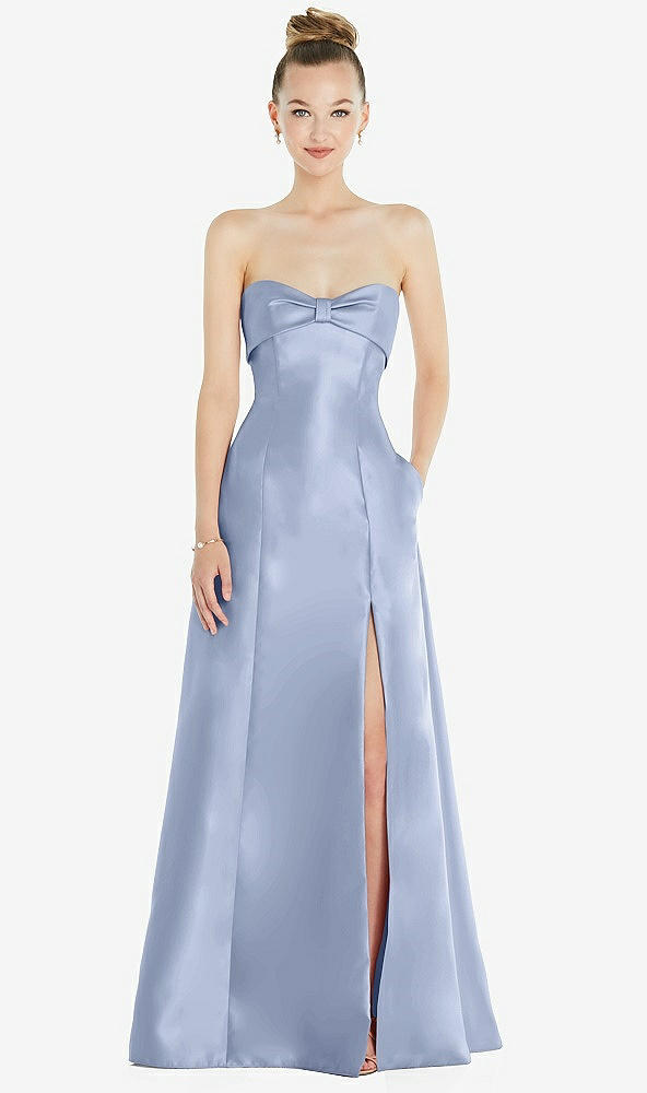 Front View - Sky Blue Bow Cuff Strapless Satin Ball Gown with Pockets