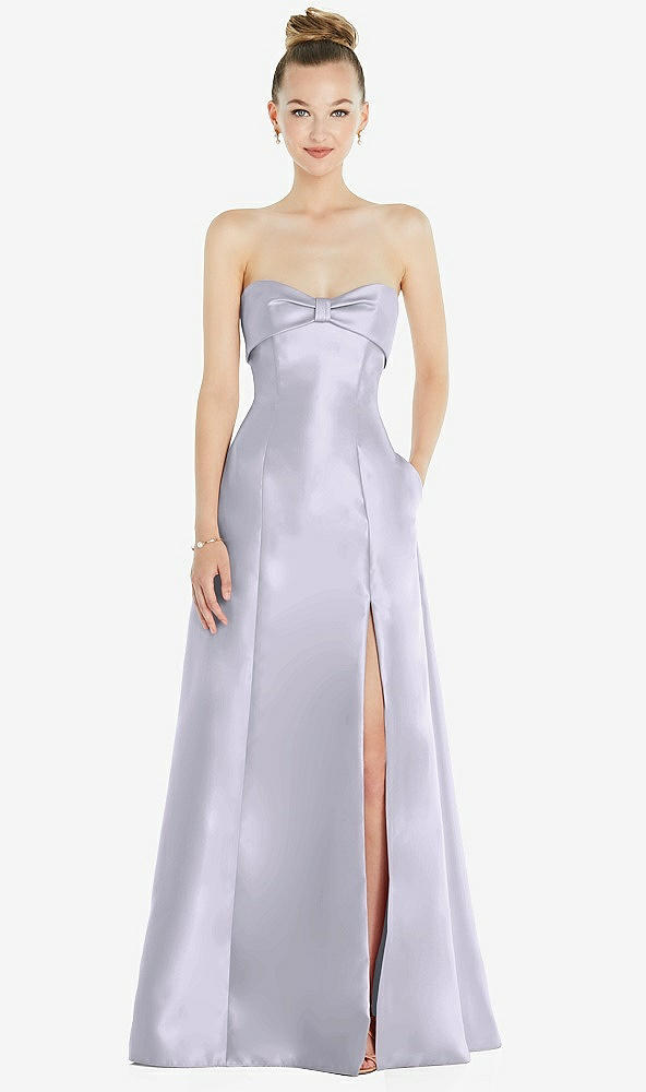 Front View - Silver Dove Bow Cuff Strapless Satin Ball Gown with Pockets