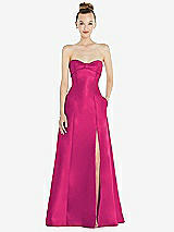 Front View Thumbnail - Think Pink Bow Cuff Strapless Satin Ball Gown with Pockets