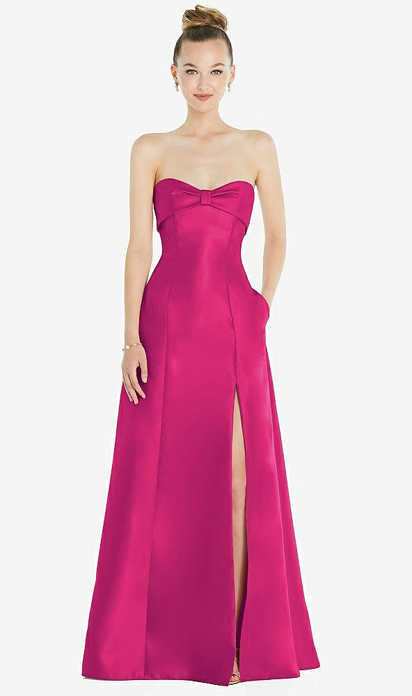 Front View - Think Pink Bow Cuff Strapless Satin Ball Gown with Pockets
