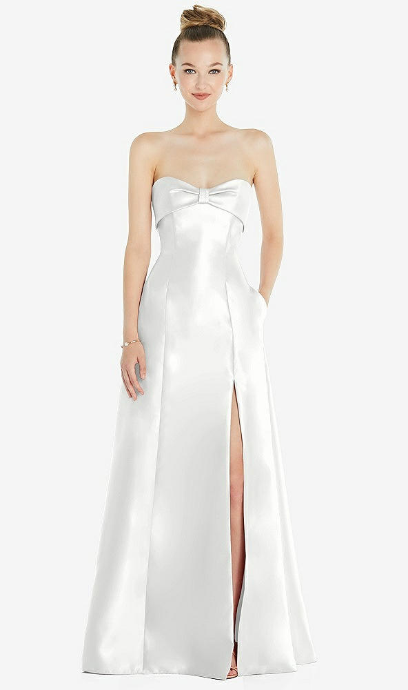 Front View - White Bow Cuff Strapless Satin Ball Gown with Pockets