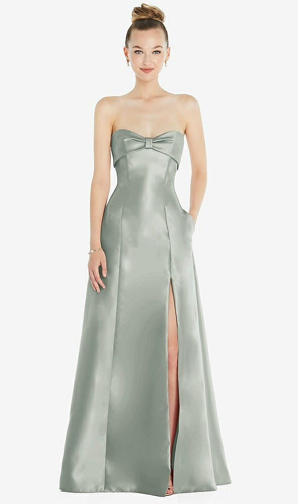 Front View - Willow Green Bow Cuff Strapless Satin Ball Gown with Pockets