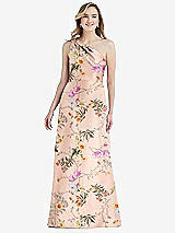 Front View Thumbnail - Butterfly Botanica Pink Sand Pleated Draped One-Shoulder Floral Satin Gown with Pockets