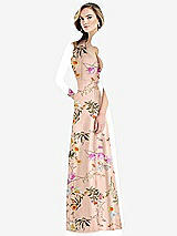 Side View Thumbnail - Butterfly Botanica Pink Sand Pleated Draped One-Shoulder Floral Satin Gown with Pockets
