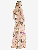 Rear View Thumbnail - Butterfly Botanica Pink Sand Pleated Draped One-Shoulder Floral Satin Gown with Pockets