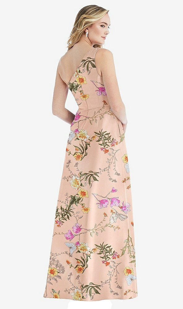 Back View - Butterfly Botanica Pink Sand Pleated Draped One-Shoulder Floral Satin Gown with Pockets