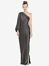 Front View Thumbnail - Caviar Gray One-Shoulder Puff Sleeve Maxi Bias Dress with Side Slit
