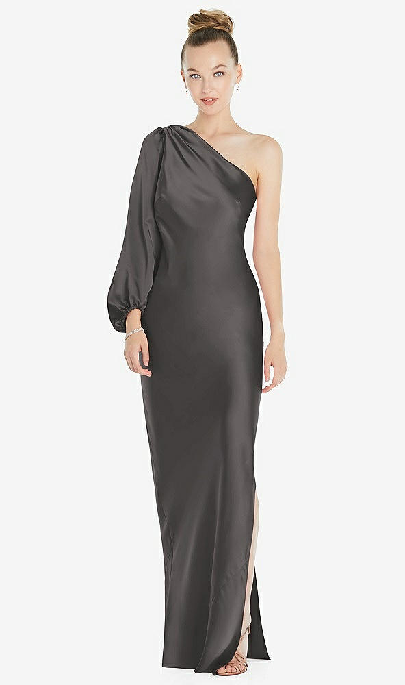 Front View - Caviar Gray One-Shoulder Puff Sleeve Maxi Bias Dress with Side Slit