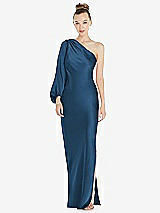 Front View Thumbnail - Dusk Blue One-Shoulder Puff Sleeve Maxi Bias Dress with Side Slit