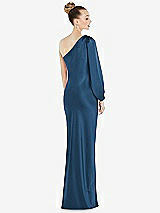 Rear View Thumbnail - Dusk Blue One-Shoulder Puff Sleeve Maxi Bias Dress with Side Slit