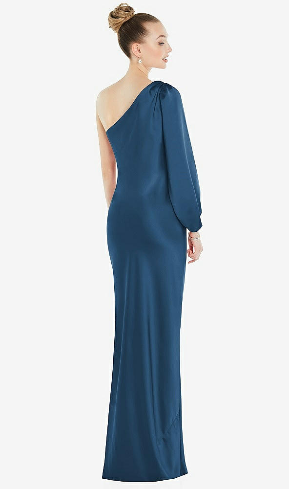 Back View - Dusk Blue One-Shoulder Puff Sleeve Maxi Bias Dress with Side Slit