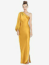Front View Thumbnail - NYC Yellow One-Shoulder Puff Sleeve Maxi Bias Dress with Side Slit