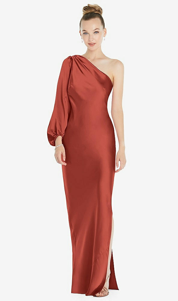 Front View - Amber Sunset One-Shoulder Puff Sleeve Maxi Bias Dress with Side Slit
