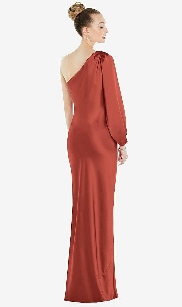 Back View - Amber Sunset One-Shoulder Puff Sleeve Maxi Bias Dress with Side Slit