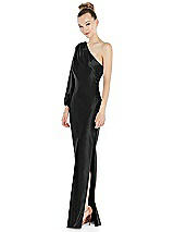 Side View Thumbnail - Black One-Shoulder Puff Sleeve Maxi Bias Dress with Side Slit