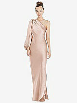 Front View Thumbnail - Cameo One-Shoulder Puff Sleeve Maxi Bias Dress with Side Slit