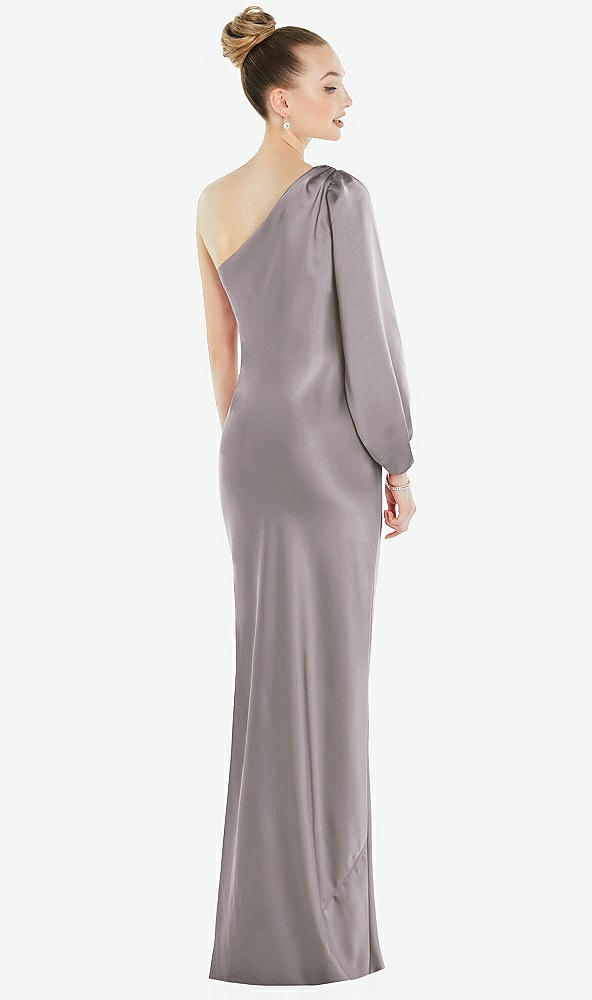 Back View - Cashmere Gray One-Shoulder Puff Sleeve Maxi Bias Dress with Side Slit