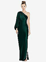 Front View Thumbnail - Evergreen One-Shoulder Puff Sleeve Maxi Bias Dress with Side Slit