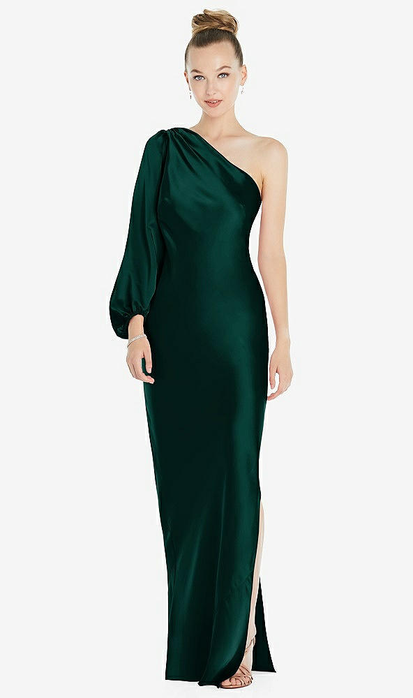 Front View - Evergreen One-Shoulder Puff Sleeve Maxi Bias Dress with Side Slit