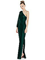 Side View Thumbnail - Evergreen One-Shoulder Puff Sleeve Maxi Bias Dress with Side Slit