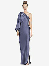 Front View Thumbnail - French Blue One-Shoulder Puff Sleeve Maxi Bias Dress with Side Slit