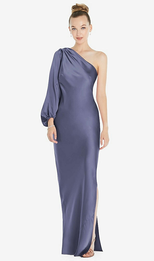 Front View - French Blue One-Shoulder Puff Sleeve Maxi Bias Dress with Side Slit