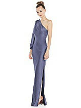 Side View Thumbnail - French Blue One-Shoulder Puff Sleeve Maxi Bias Dress with Side Slit