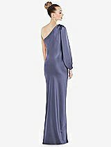 Rear View Thumbnail - French Blue One-Shoulder Puff Sleeve Maxi Bias Dress with Side Slit
