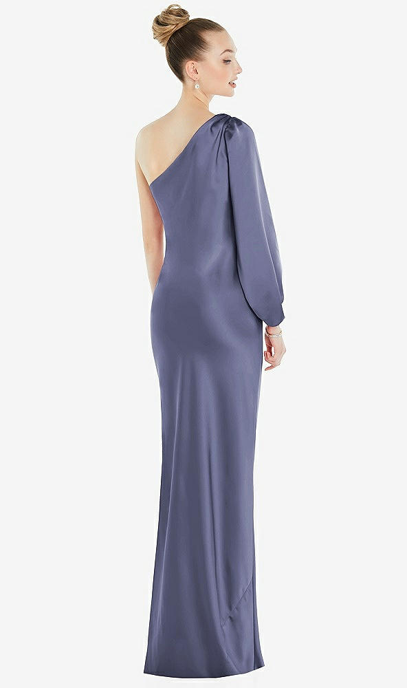 Back View - French Blue One-Shoulder Puff Sleeve Maxi Bias Dress with Side Slit