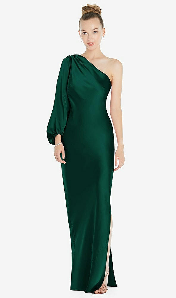 Front View - Hunter Green One-Shoulder Puff Sleeve Maxi Bias Dress with Side Slit