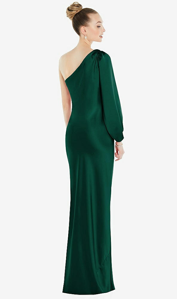 Back View - Hunter Green One-Shoulder Puff Sleeve Maxi Bias Dress with Side Slit