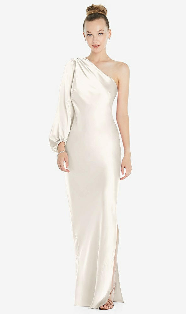 Front View - Ivory One-Shoulder Puff Sleeve Maxi Bias Dress with Side Slit