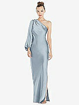 Front View Thumbnail - Mist One-Shoulder Puff Sleeve Maxi Bias Dress with Side Slit