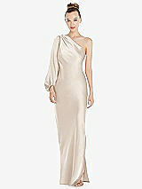 Front View Thumbnail - Oat One-Shoulder Puff Sleeve Maxi Bias Dress with Side Slit