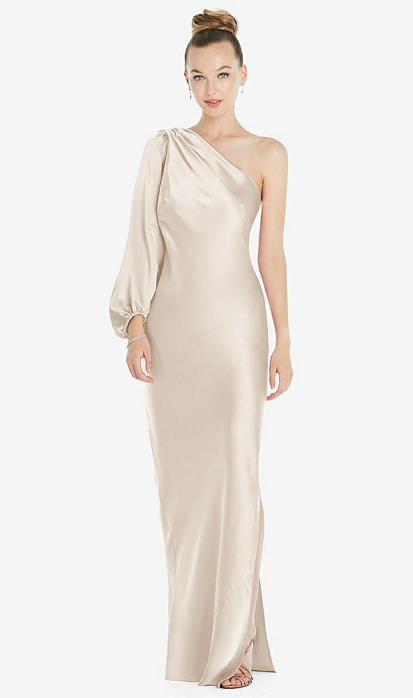 Front View - Oat One-Shoulder Puff Sleeve Maxi Bias Dress with Side Slit
