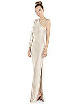 Side View Thumbnail - Oat One-Shoulder Puff Sleeve Maxi Bias Dress with Side Slit