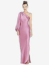 Front View Thumbnail - Powder Pink One-Shoulder Puff Sleeve Maxi Bias Dress with Side Slit